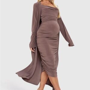 Cowl Neck Maternity Dress and Duster in Mocha